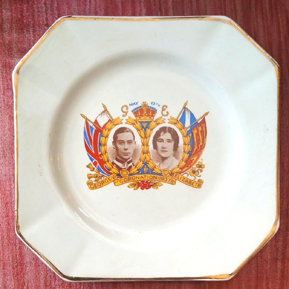 Vintage 1937 Coronation Plate with Gold Trim By Wade.